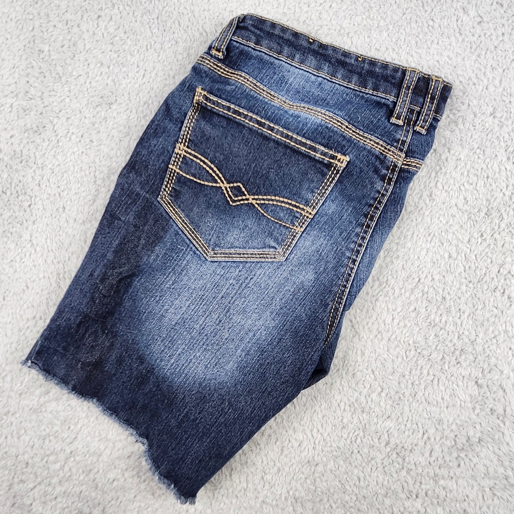 Mudd Denim Shorts Womens 11 Blue Raw Hem Whiskering Mid Rise Stretch Cut Offs - Picture 8 of 8